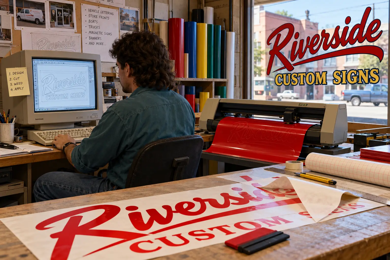 Mid-1990s sign shop with a PC design station, vinyl cutter and partly finished window lettering