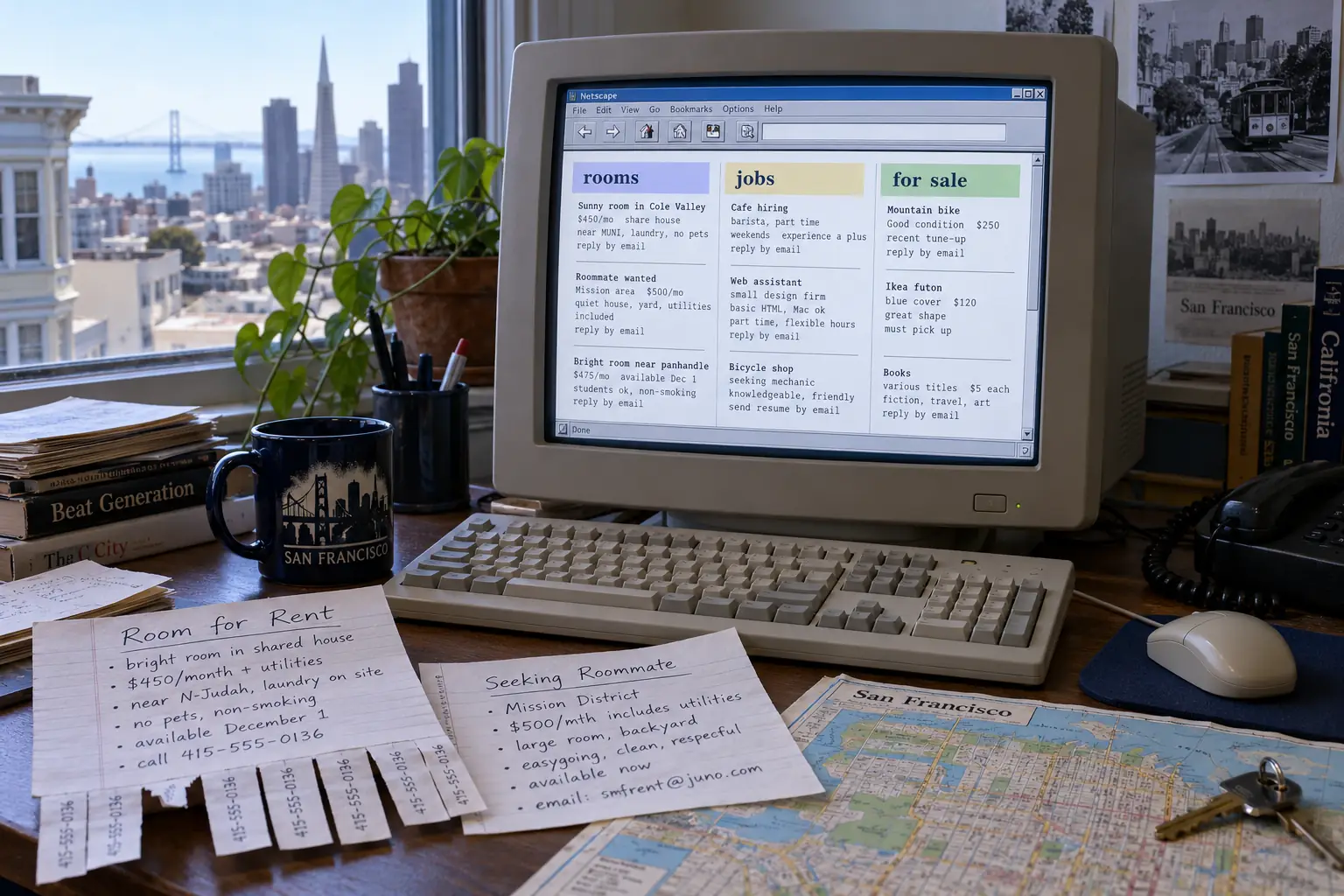 Late-1990s desktop showing a fictional text-only community classifieds page beside handwritten notices