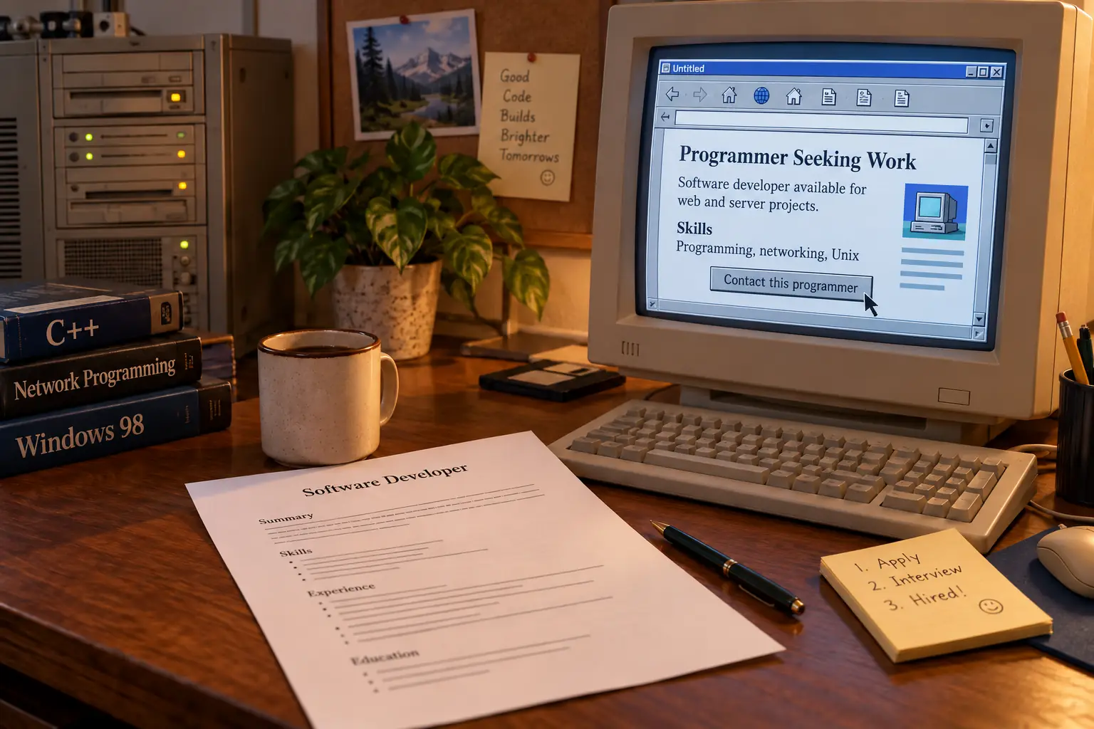 Invented 1999 resume beside a plain computer listing and a small office server