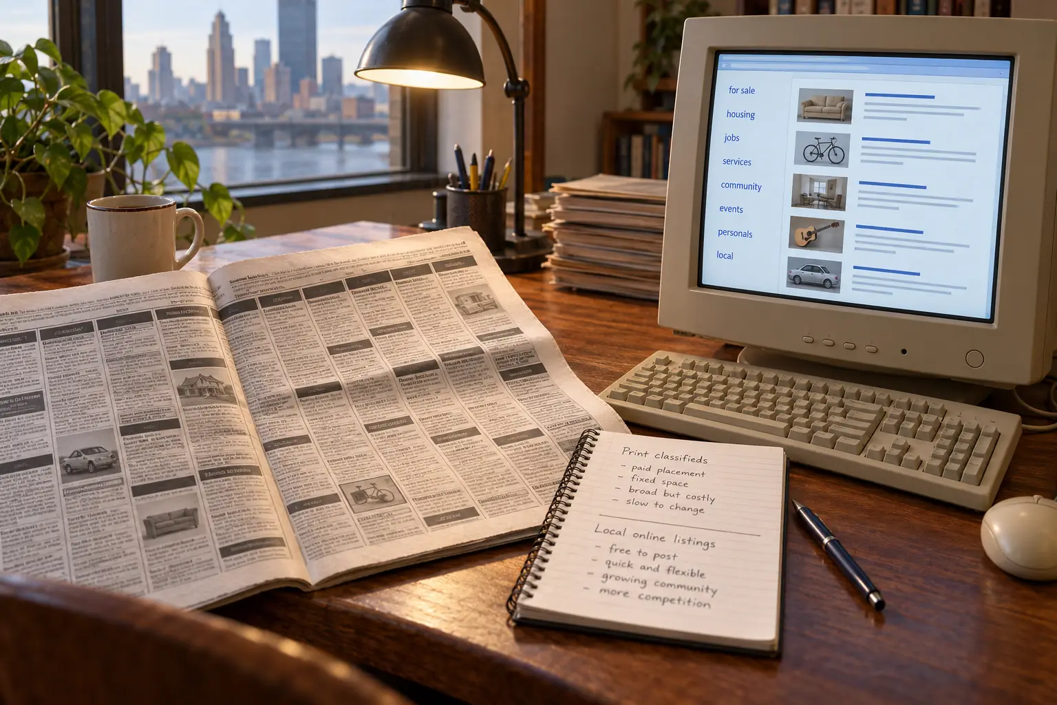 Early-2000s newspaper classified columns next to a beige computer with a fictional free listing