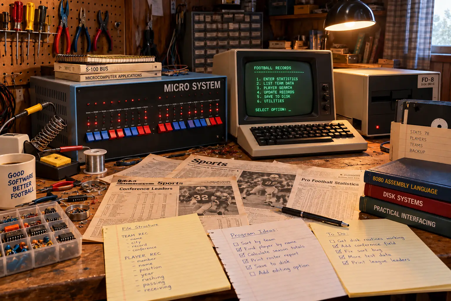 Kit-built late-1970s microcomputer beside paper football statistics and floppy disks