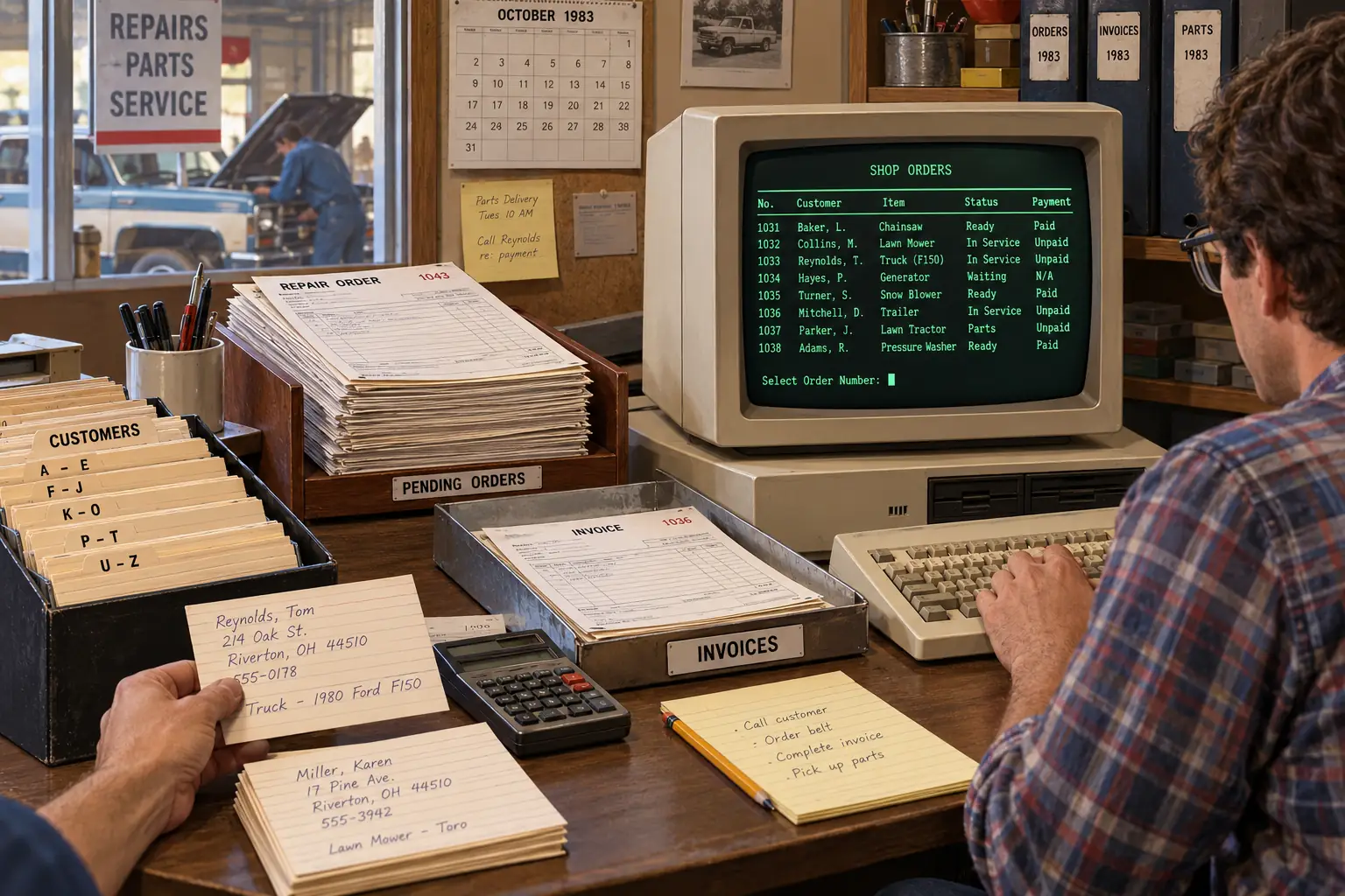 Paper order cards and a beige computer displaying a simple fictional order table