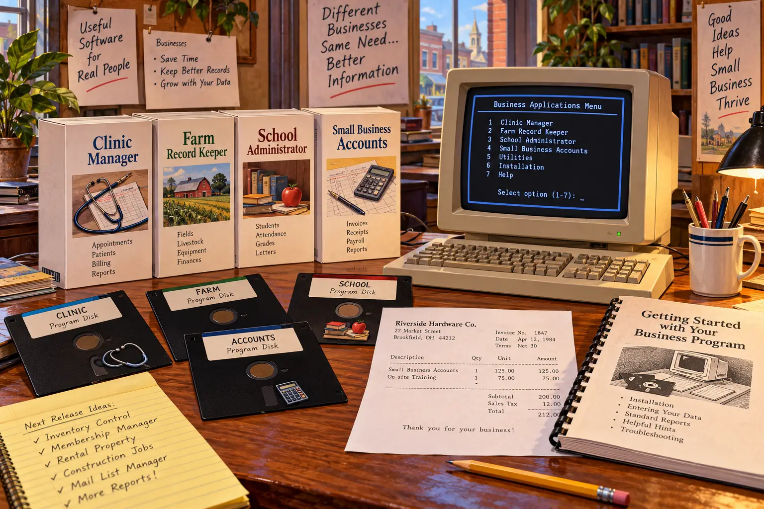 Fictional 1984 catalog of small business database applications beside program disks and invoices