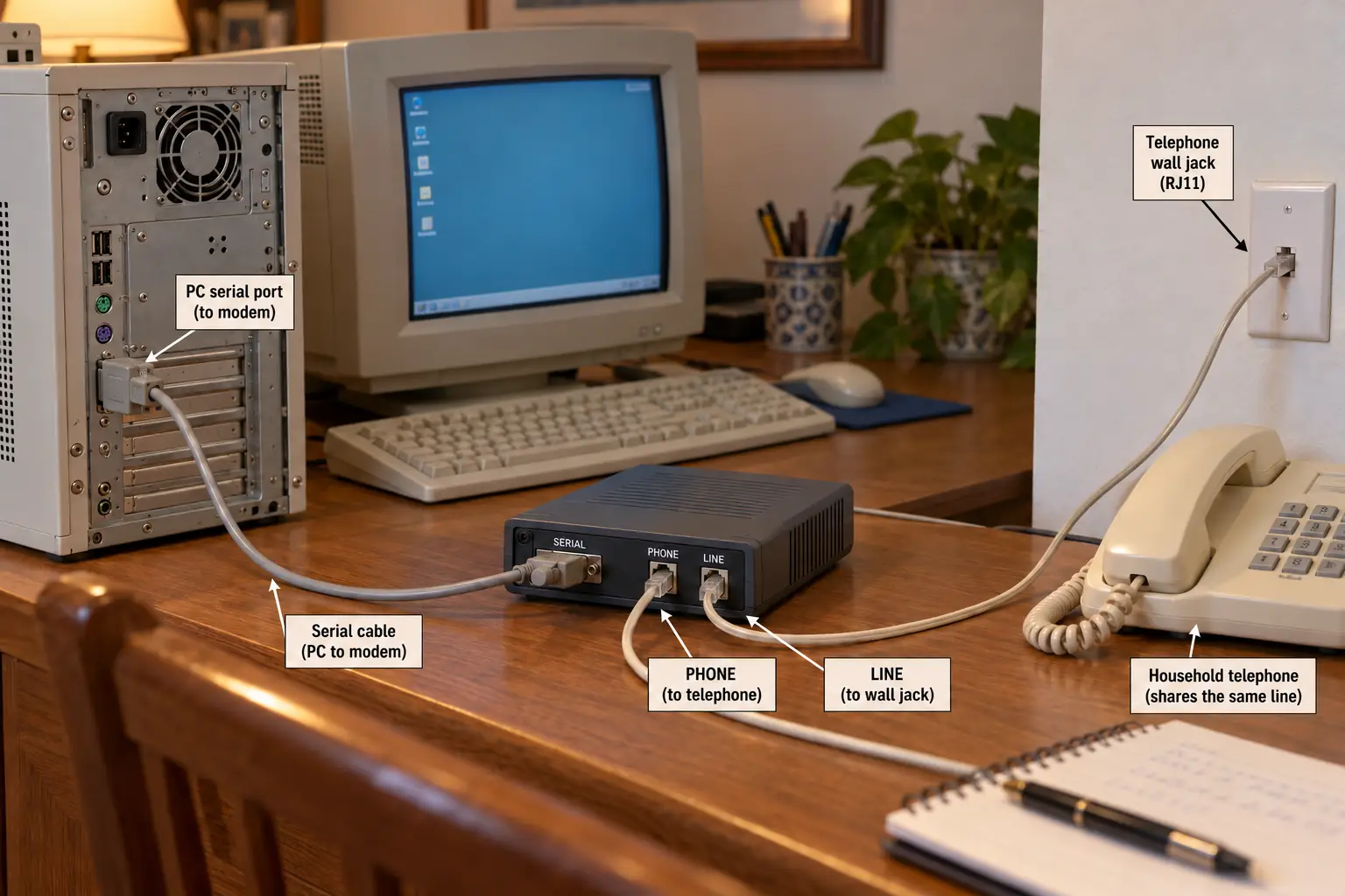 An early-2000s home computer connected to a telephone wall socket by a separate modem