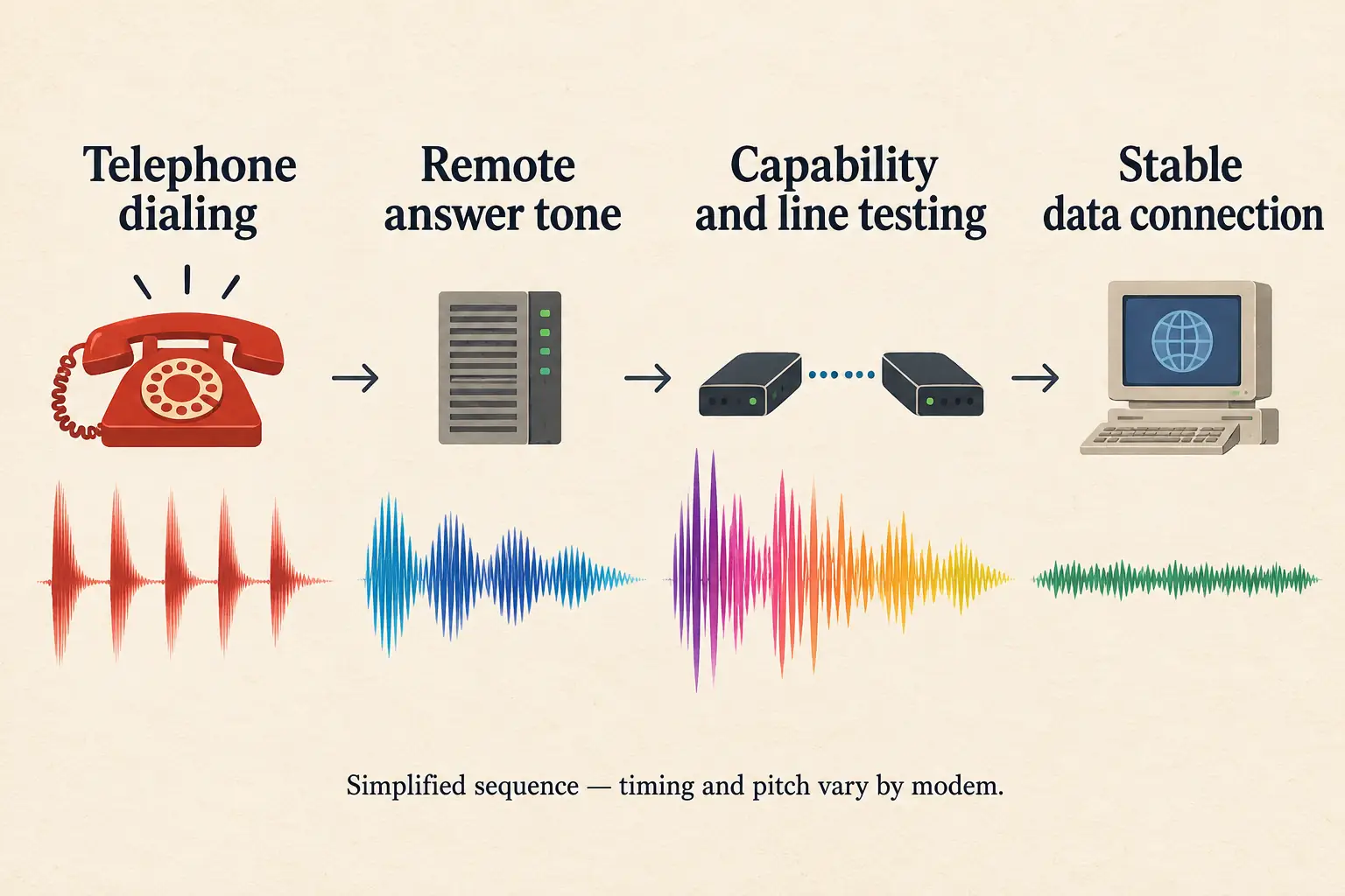 Illustrated sound timeline separating dialing, answer tone, negotiation, and data connection