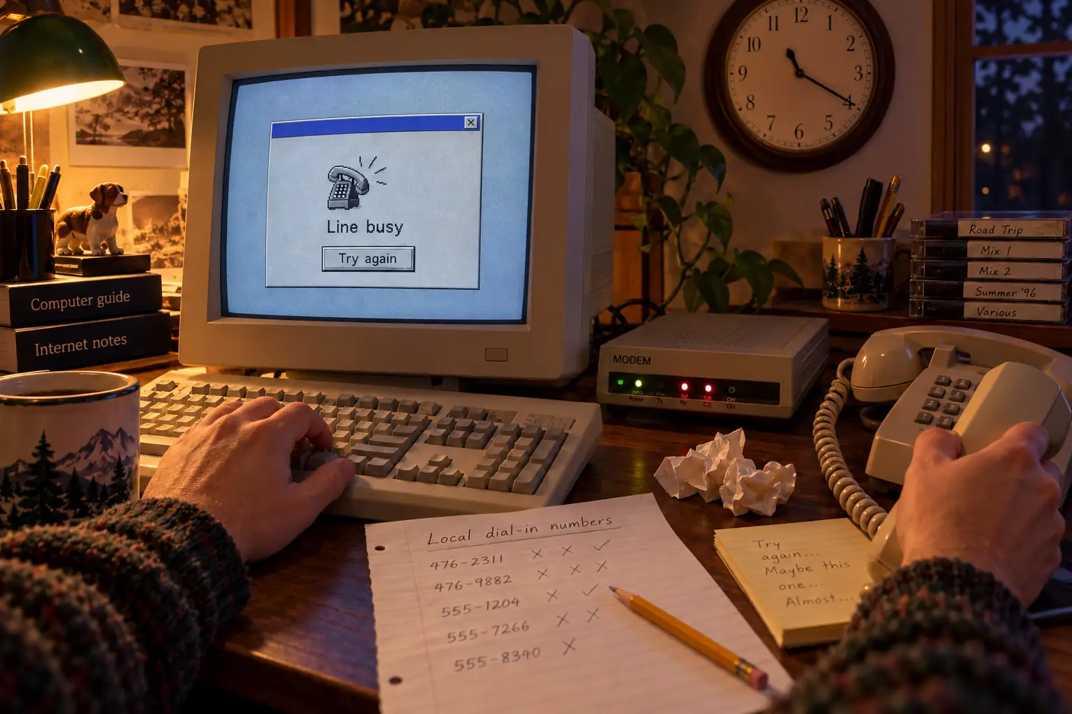 A 1990s computer desk with a connection failure message and handwritten backup access numbers