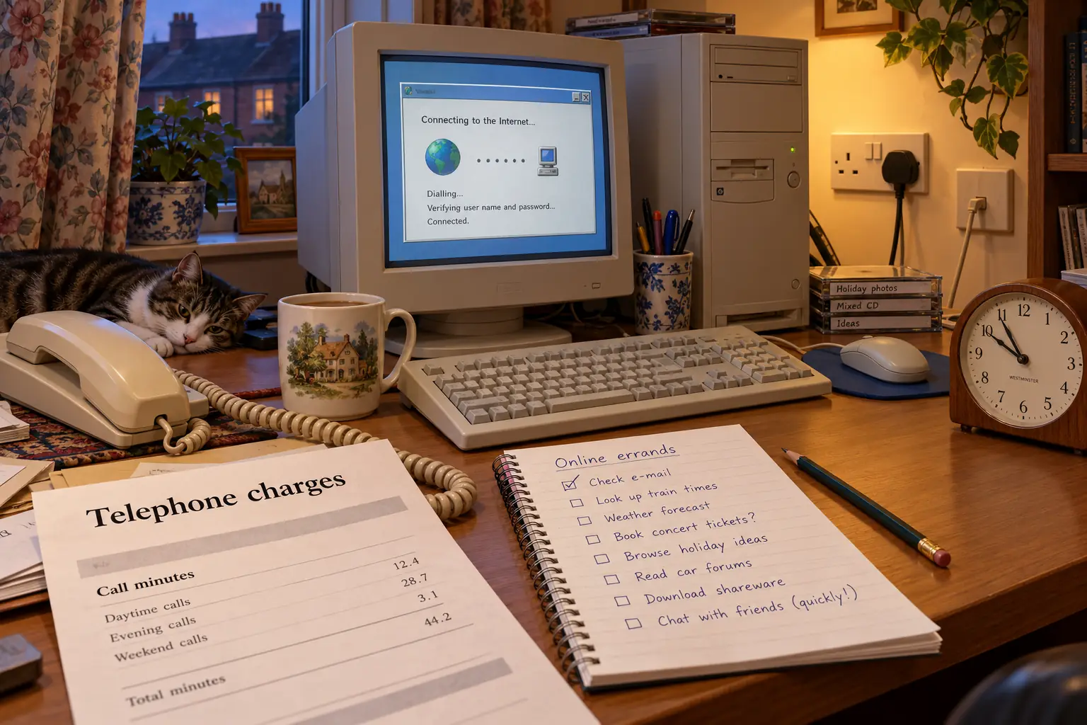 Late-1990s home desk with a telephone bill, clock, notebook, and dial-up computer