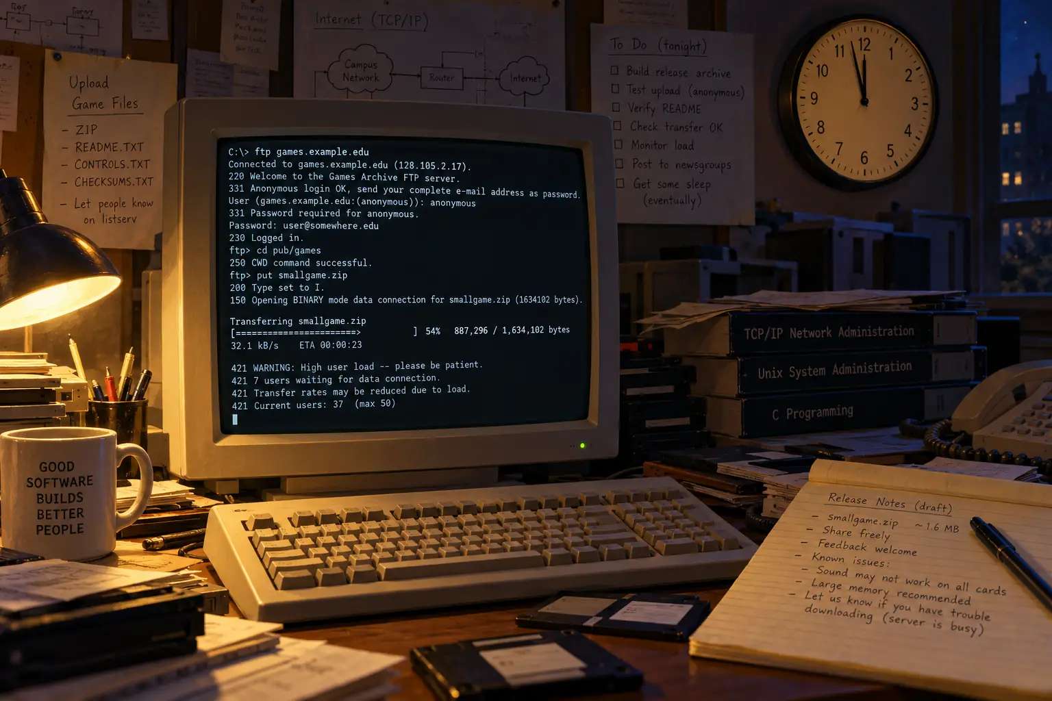 A 1993 computer desk with a generic text file-transfer screen and notes for a game release