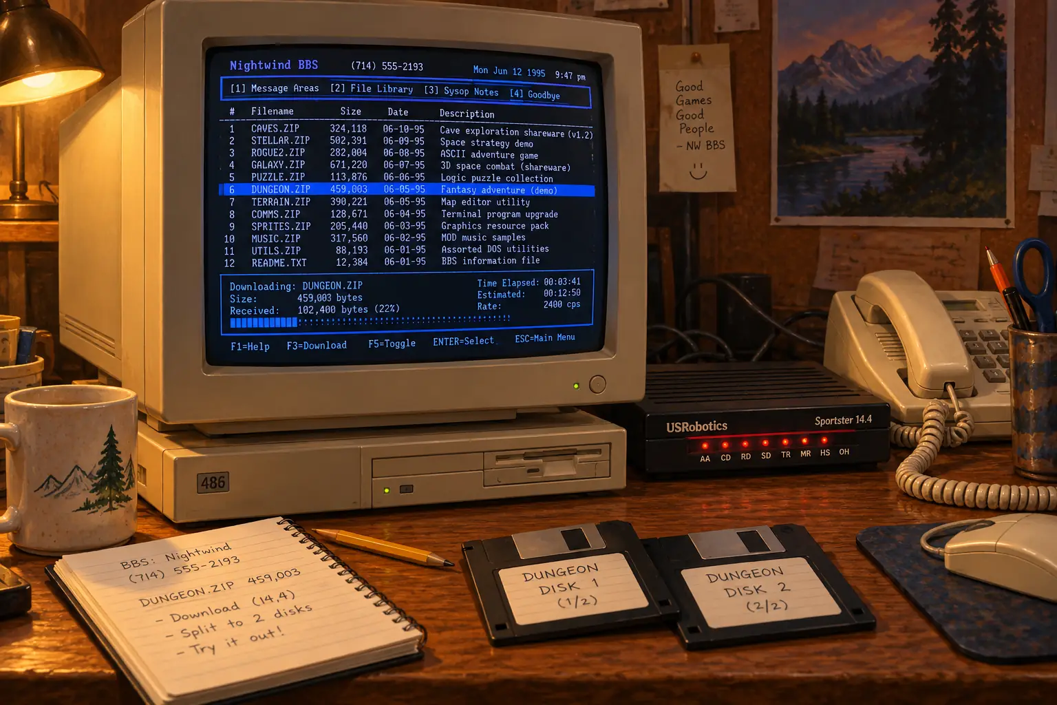 Floppy disks beside a beige modem, telephone and fictional BBS file list