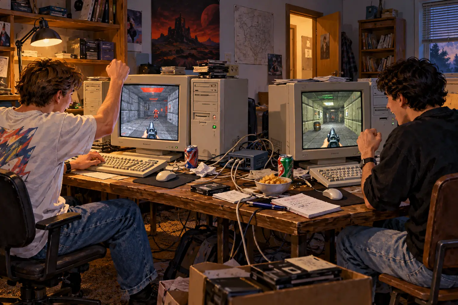 Two 1990s desktop PCs linked for a local multiplayer game in a shared workspace