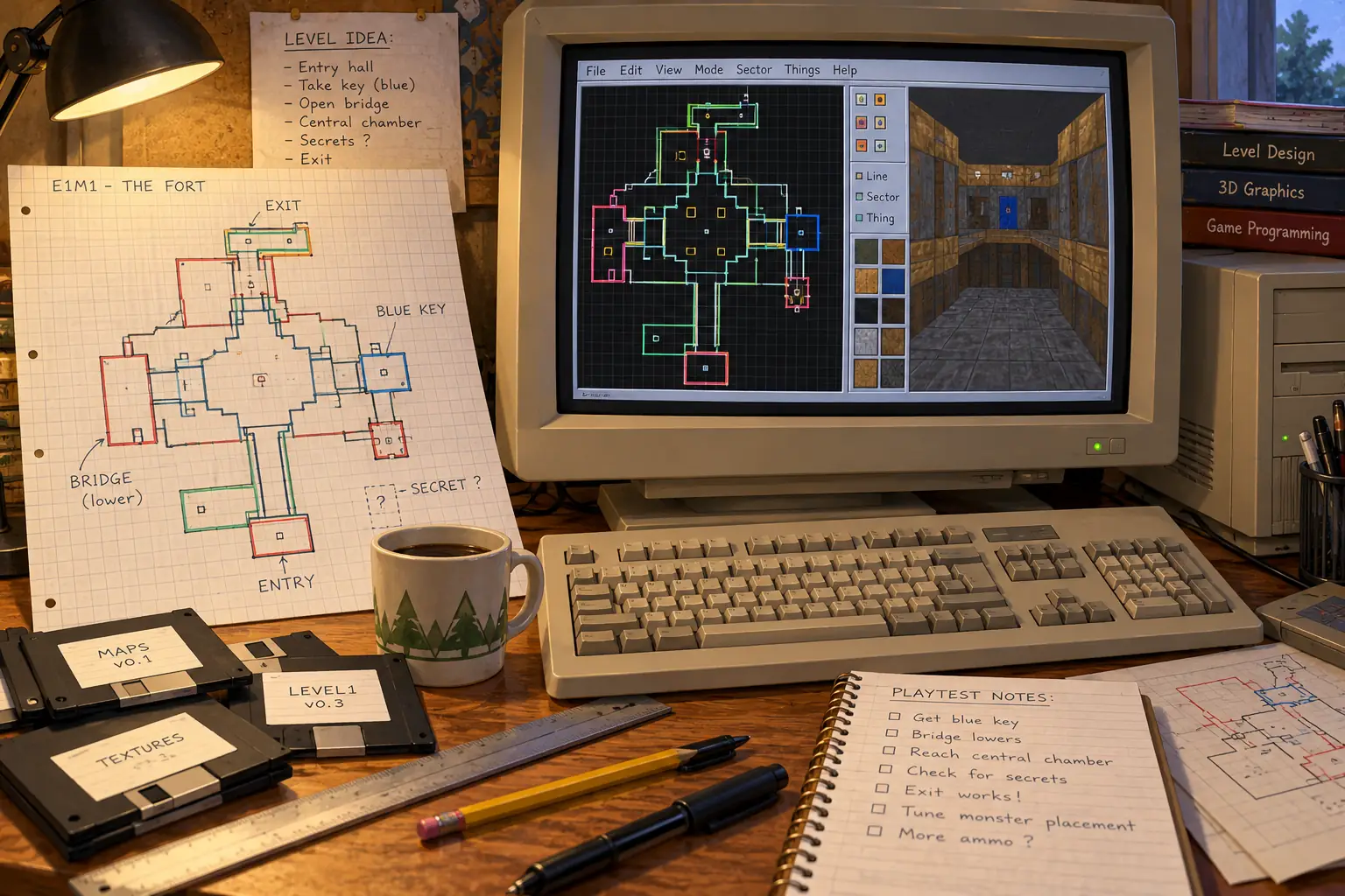 An imagined 1994 level-editing workstation with a top-down room plan and floppy disks
