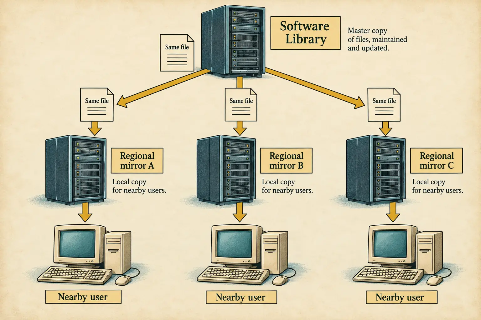 Diagram of a software library sending copies to regional download servers and home computers