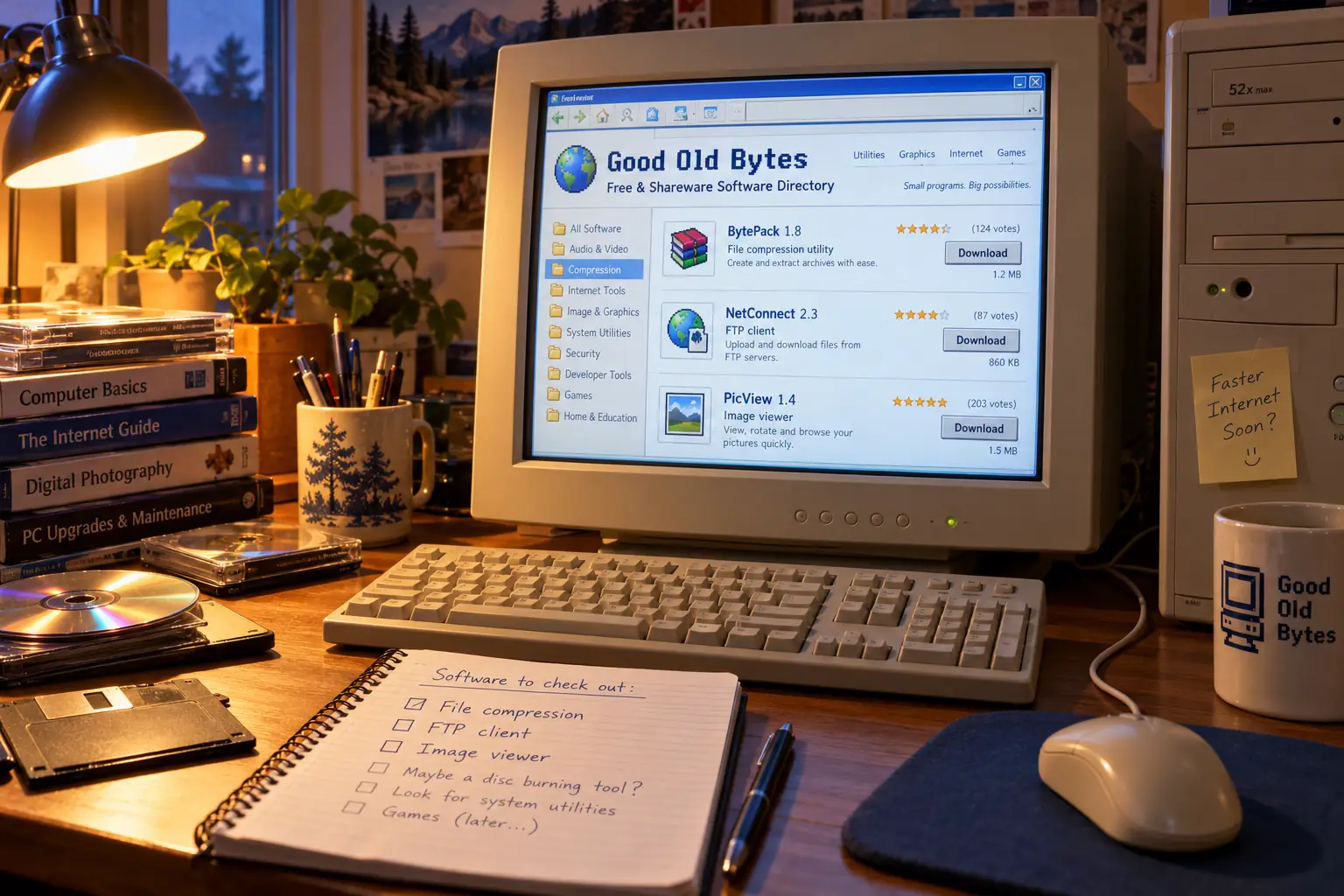 Early 2000s home computer with a fictional software directory, notes, and a dial-up modem