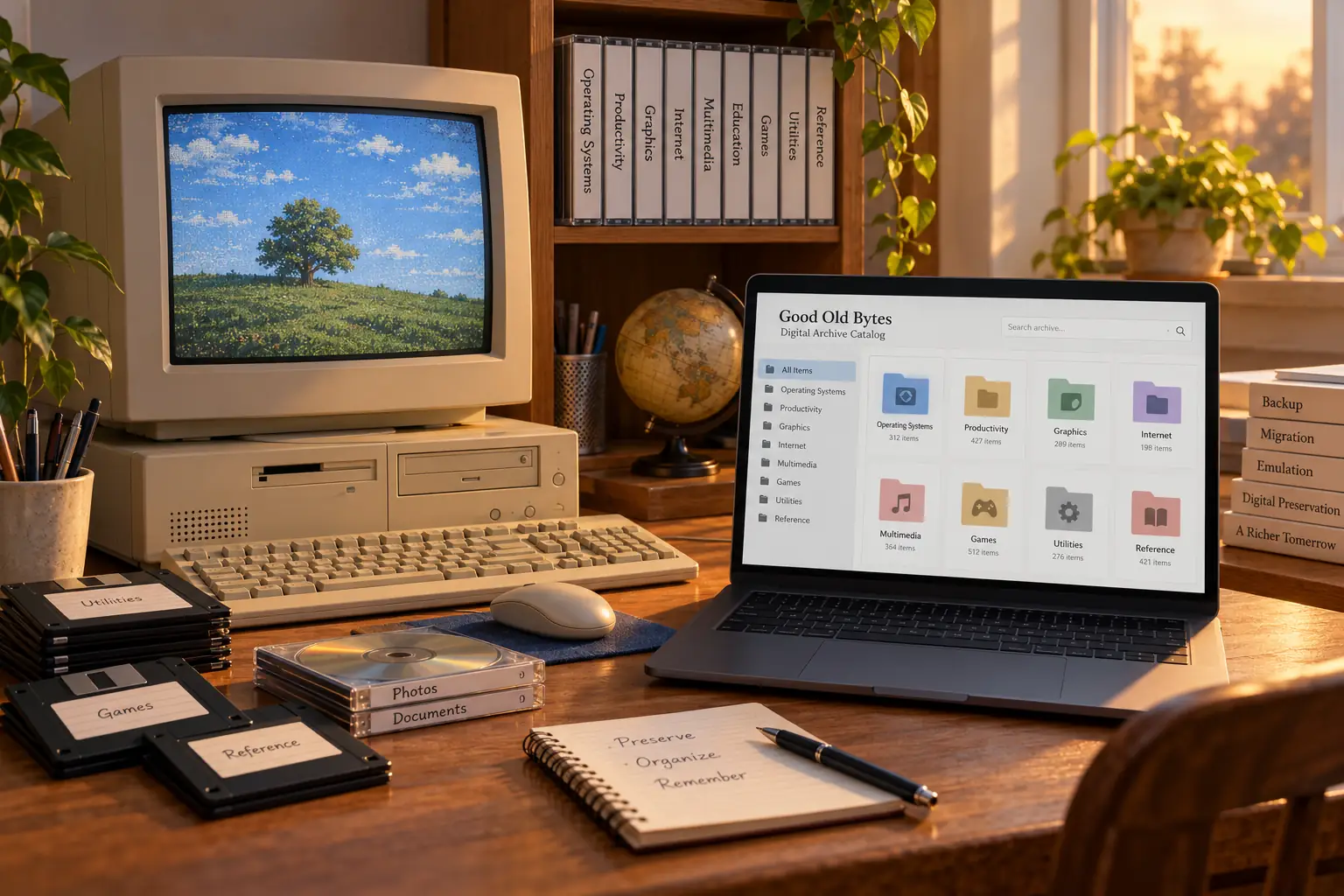 Old computer beside a labeled archive shelf of software disks and a modern laptop