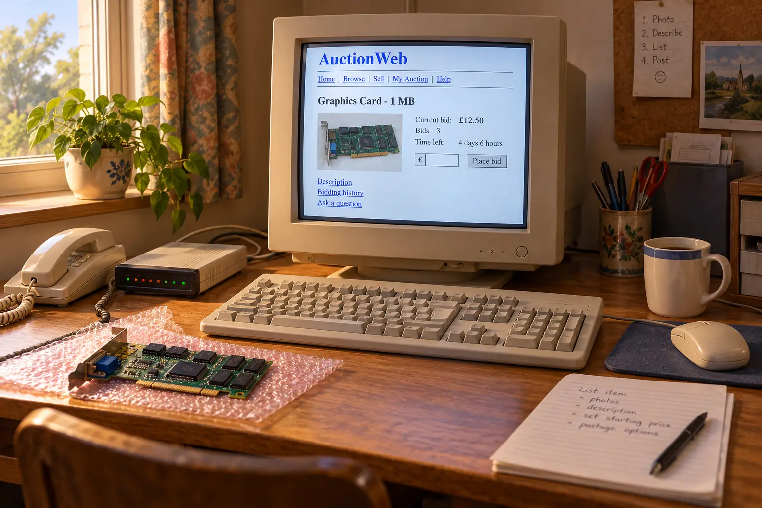 Mid-1990s home computer showing a fictional plain-text auction listing beside a modem and paper notes