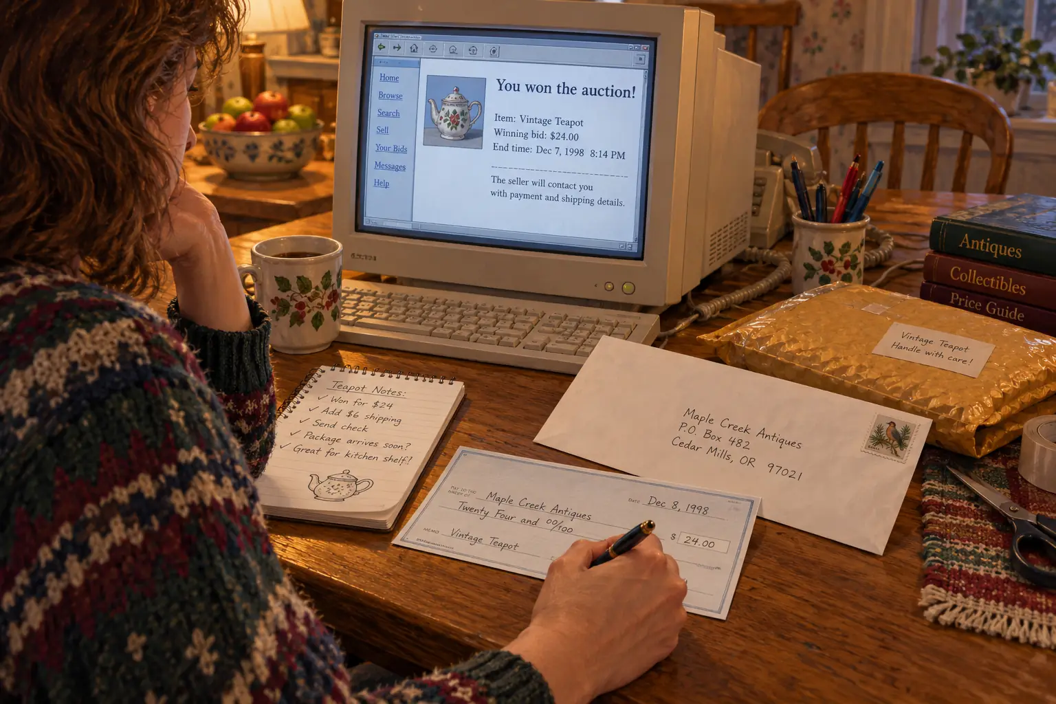 A paper check and padded parcel prepared beside a beige home computer with a fictional auction confirmation