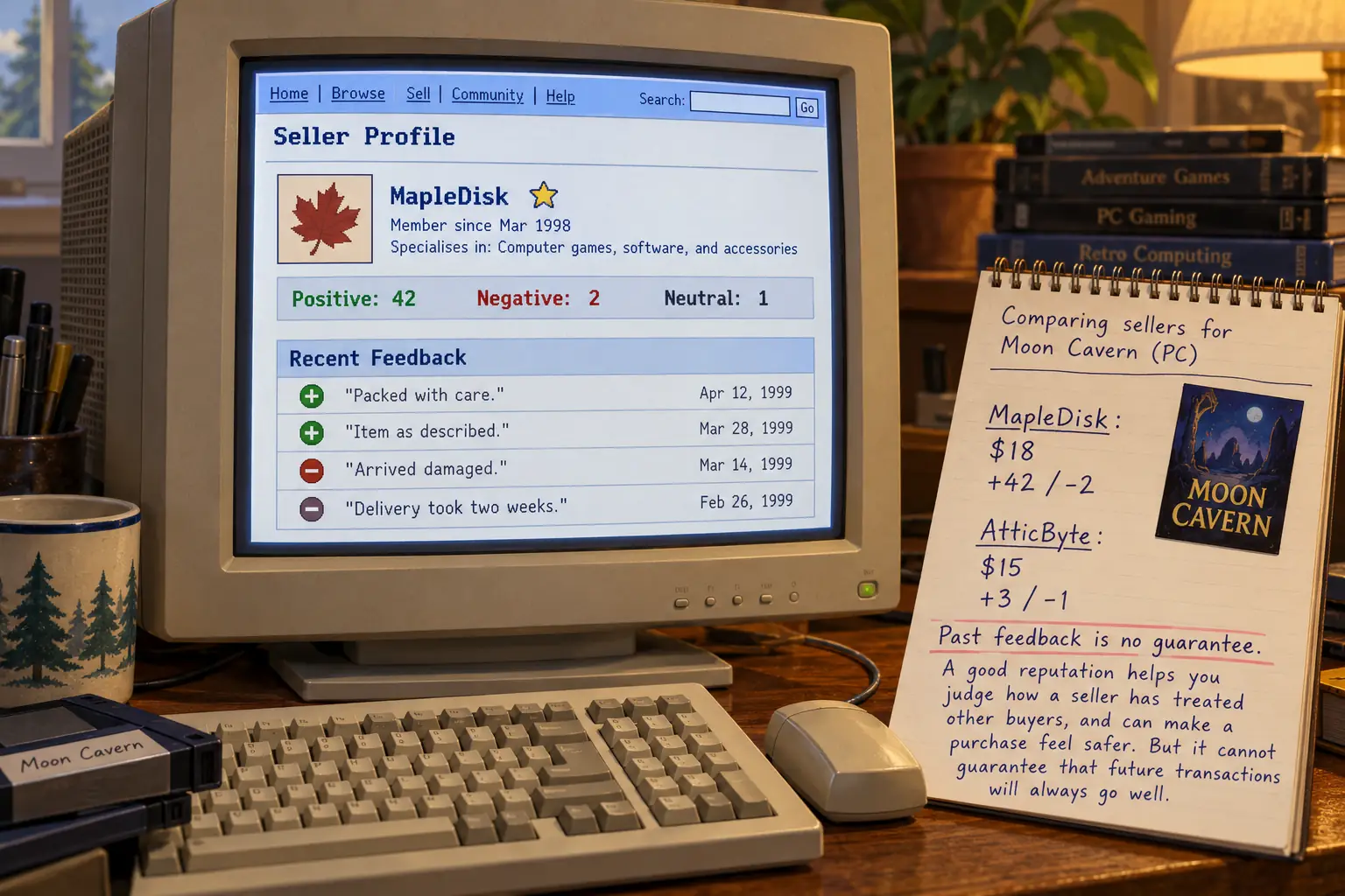 Illustrated late-1990s computer screen with invented seller feedback comments and a simple reputation tally