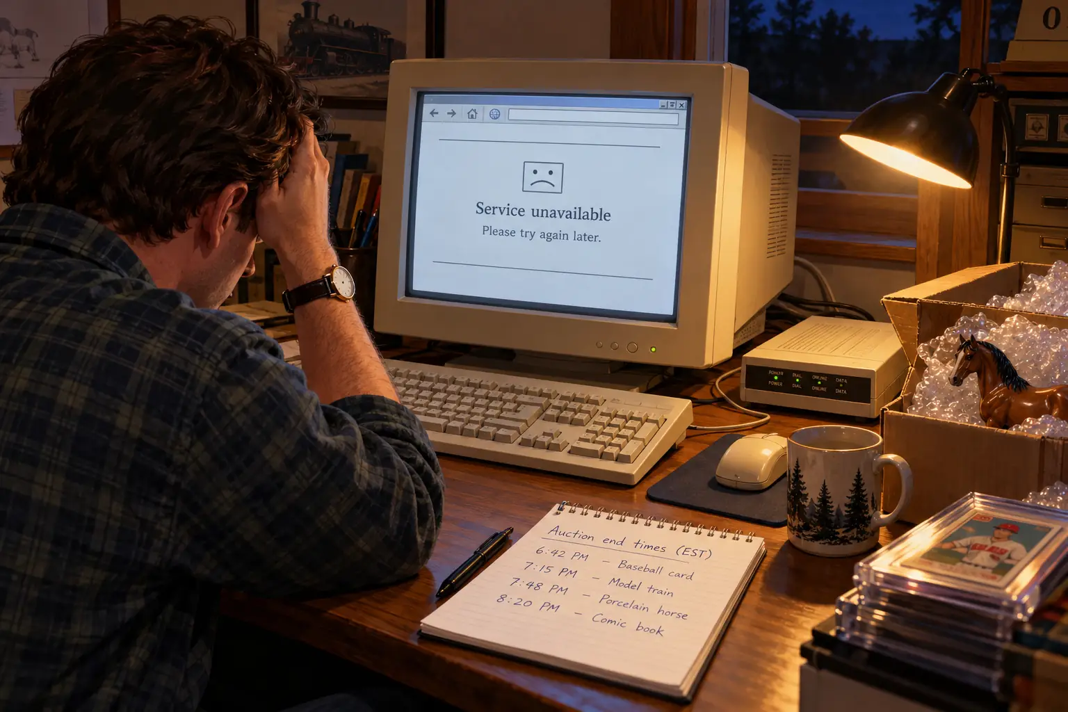 Late-1990s computer desk displaying a fictional service-unavailable notice beside a handwritten auction deadline