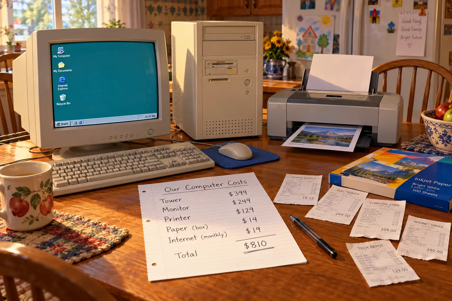 Late-1990s desk with a plain computer tower, a separate CRT monitor, and an itemized handwritten shopping budget