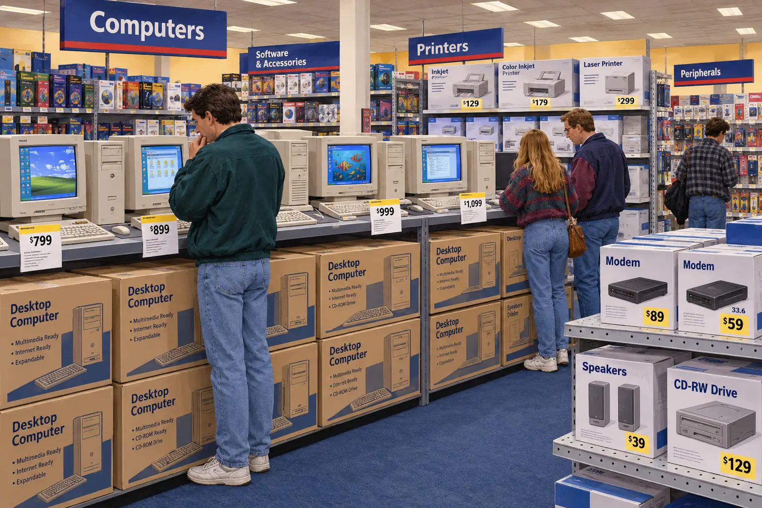 Reconstructed 1999 electronics-store aisle with stacked beige PC boxes and a separate monitor display