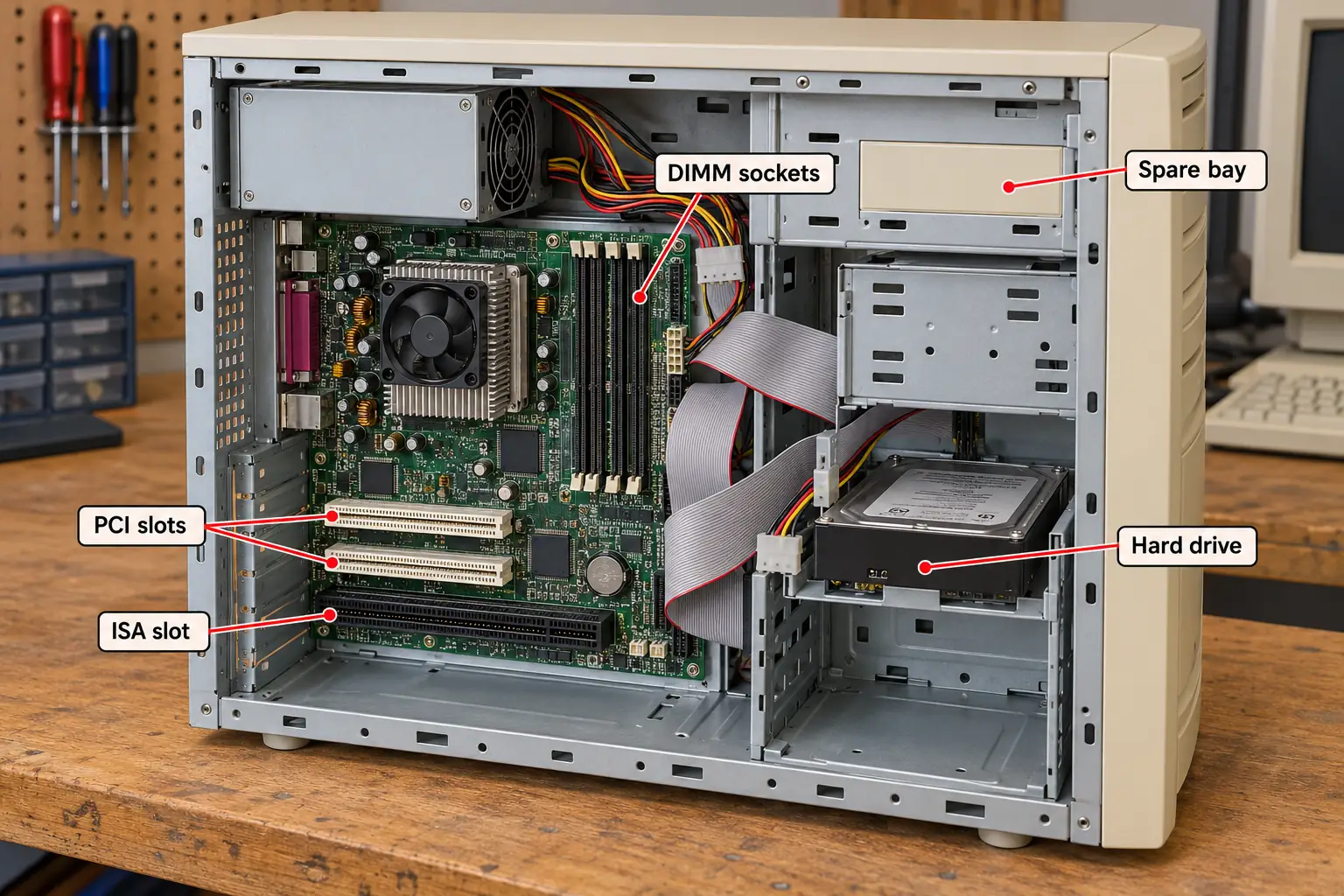 Carefully drawn late-1990s desktop PC interior showing memory sockets, expansion slots, and a spare drive bay