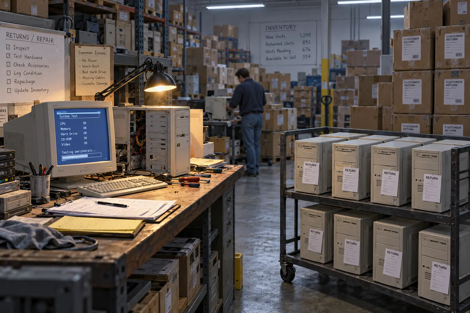 Early-2000s computer distribution warehouse with returned desktop cartons, workbench, and stock sheets