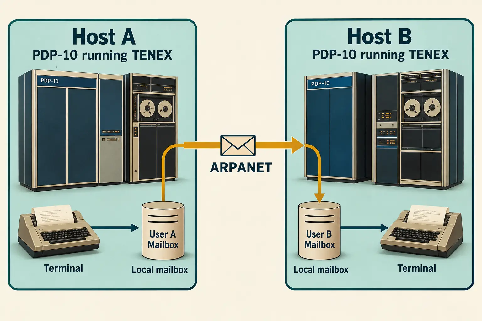Diagram of two separate 1971-era computers exchanging a text message across the ARPANET