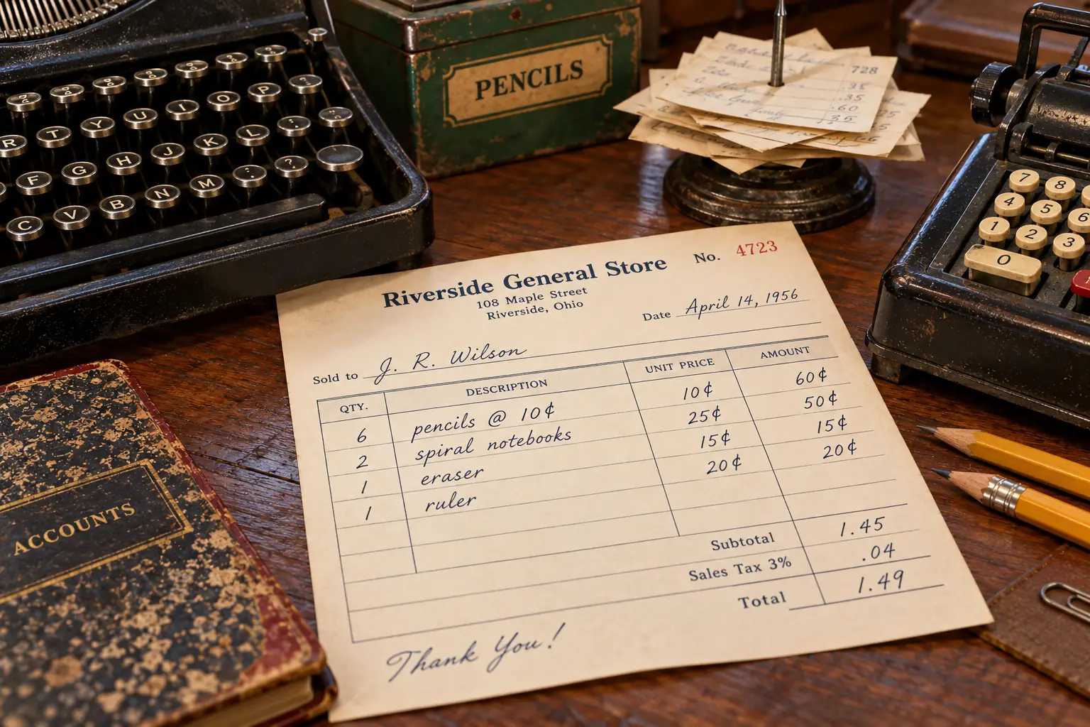 Illustrated paper invoice with an at sign used to show a unit price beside a mechanical typewriter