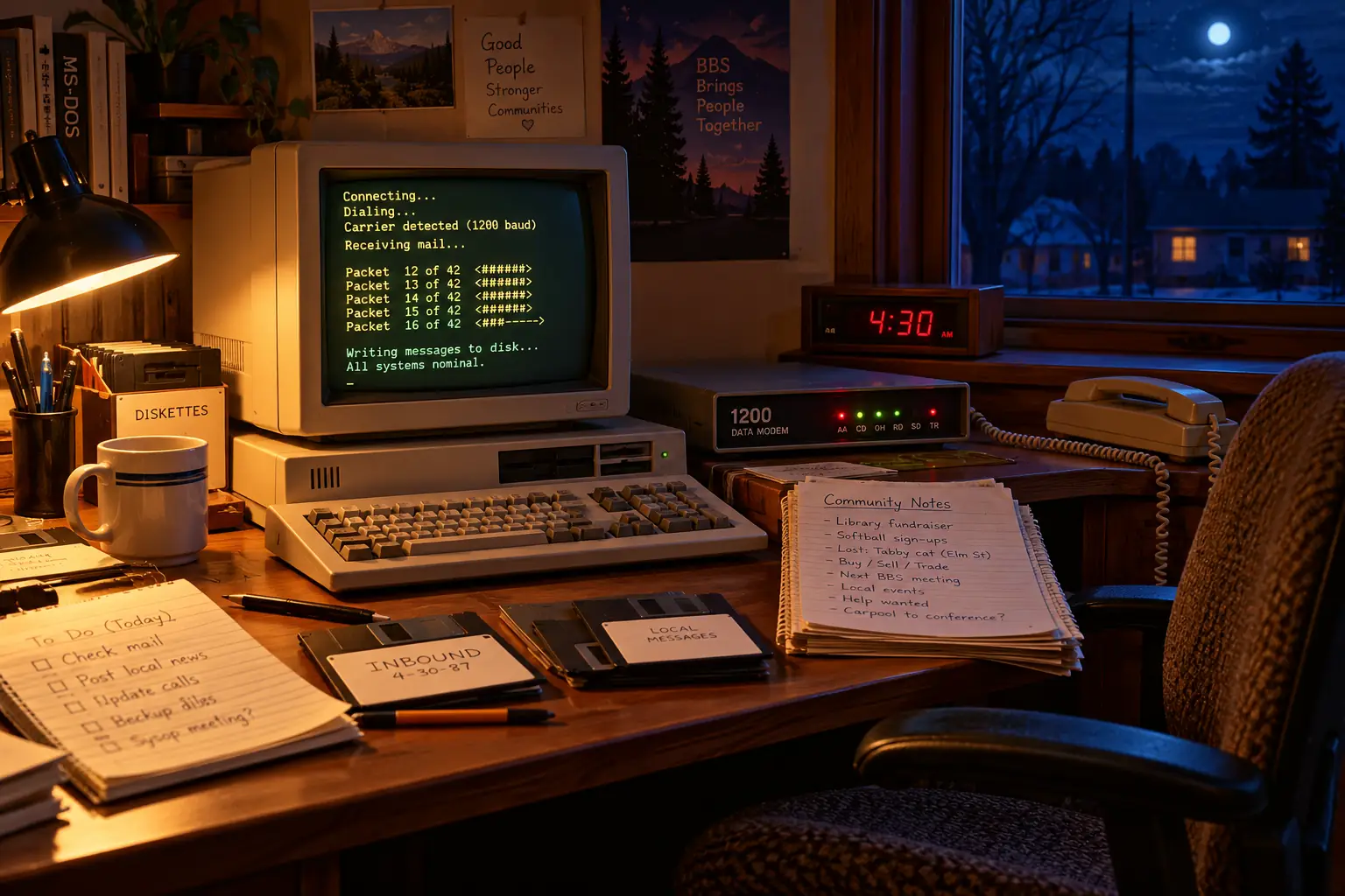 Late-1980s PC and external modem beside a clock showing a nighttime mail exchange