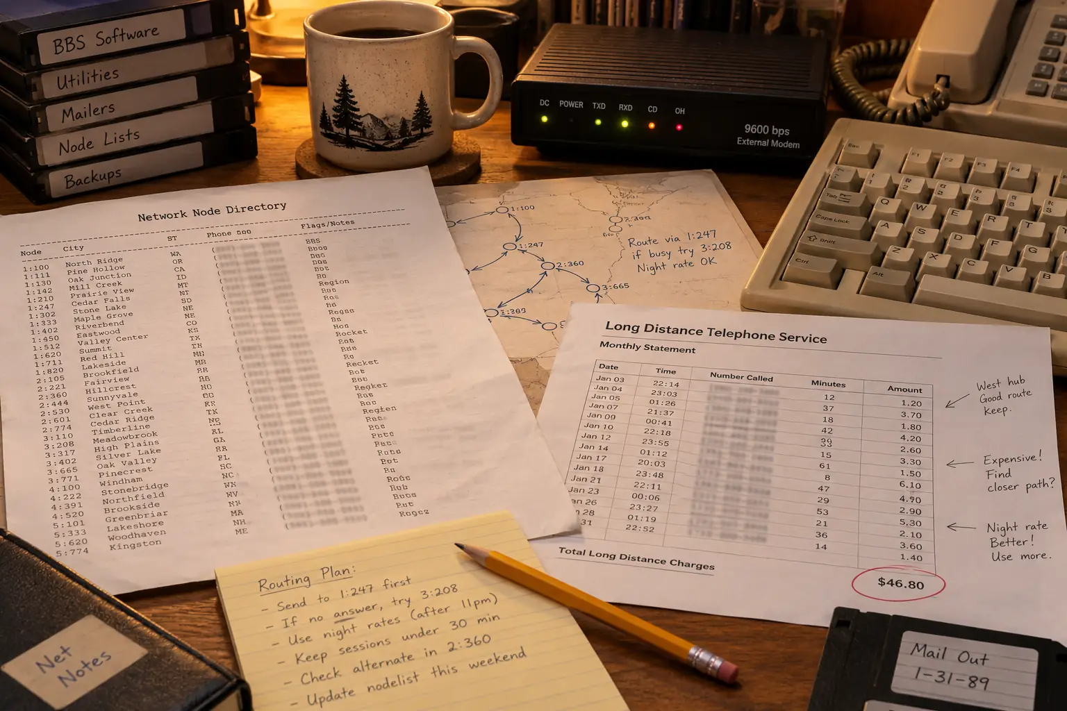 Printed node directory and telephone bill near a beige PC and modem