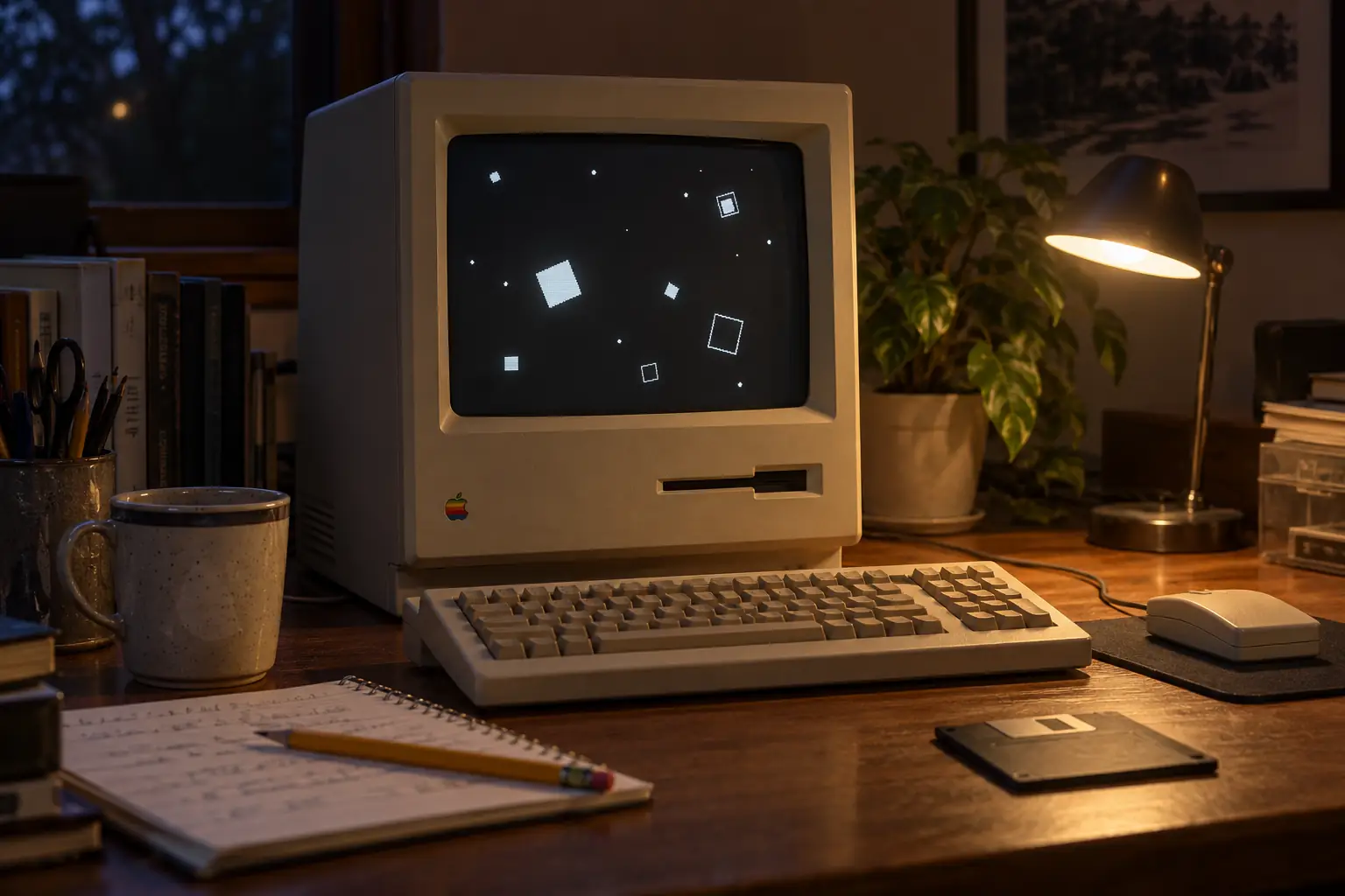 Compact beige Macintosh beside a desk lamp and a floppy disk, with small animated shapes on its screen