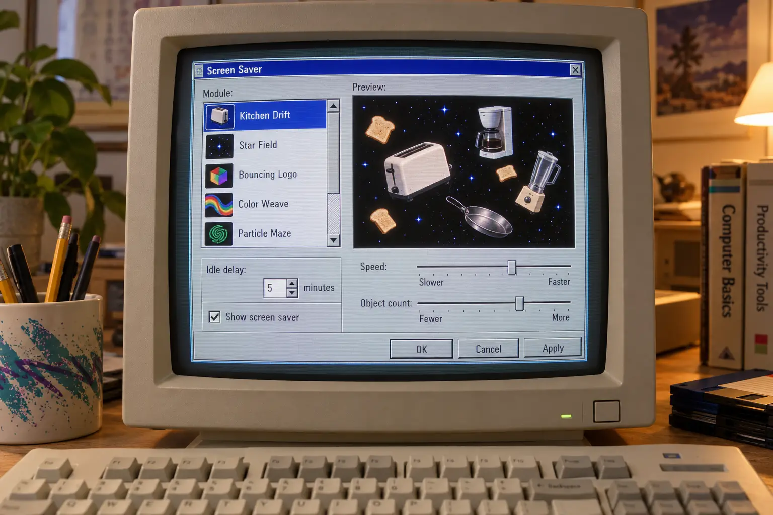 Invented 1991 screen saver control window with module names, settings, and a small flying-appliance preview