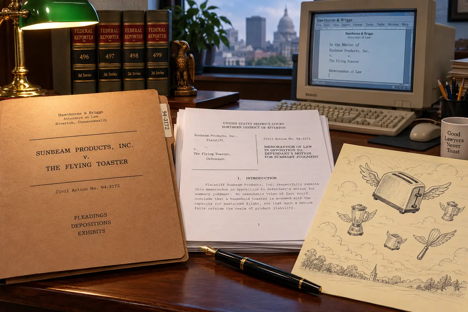 1994-style office desk with a legal folder, a computer monitor, and original sketches of whimsical airborne kitchen appliances