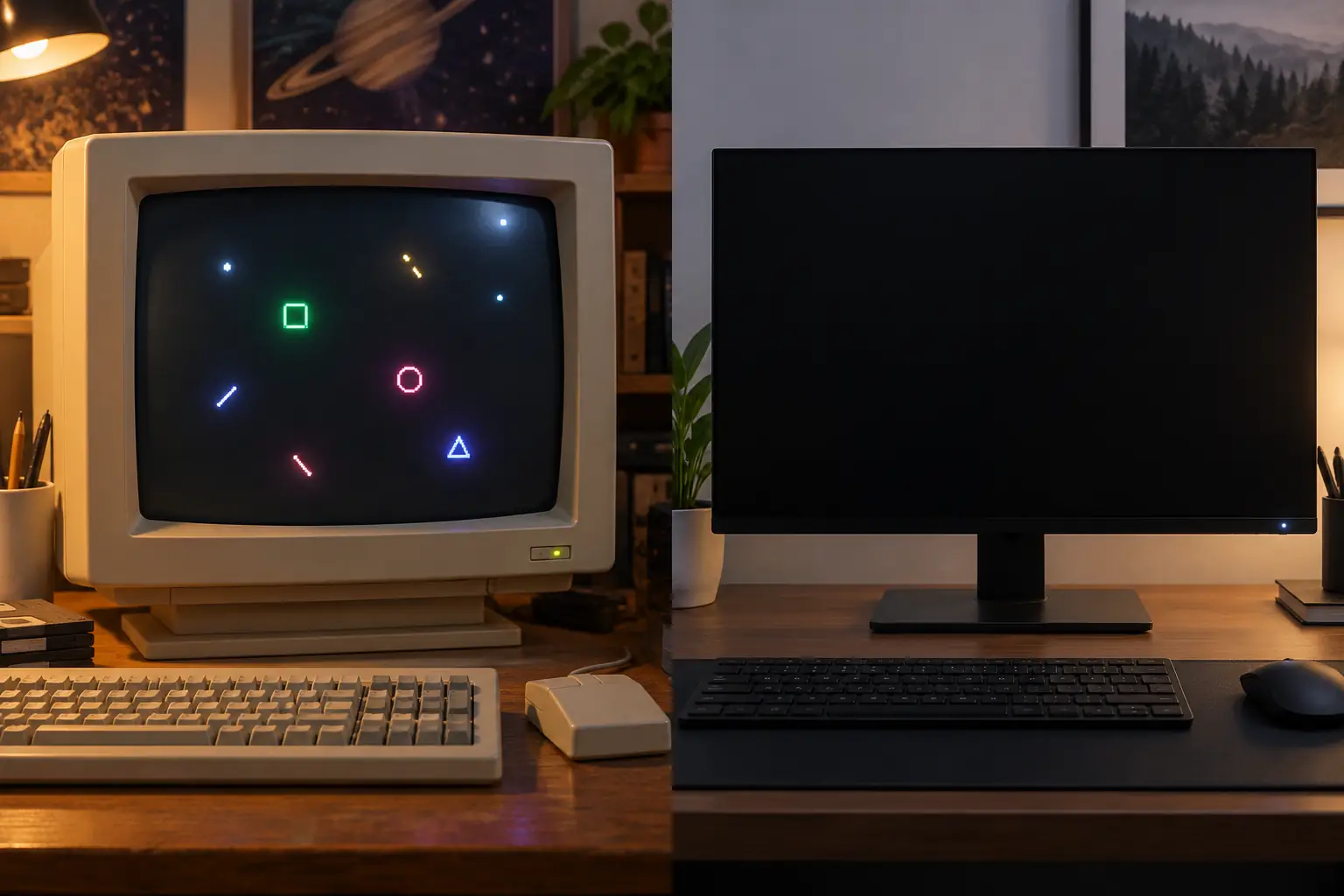 Older beige CRT monitor with an animated dark screen beside a modern flat monitor in sleep mode