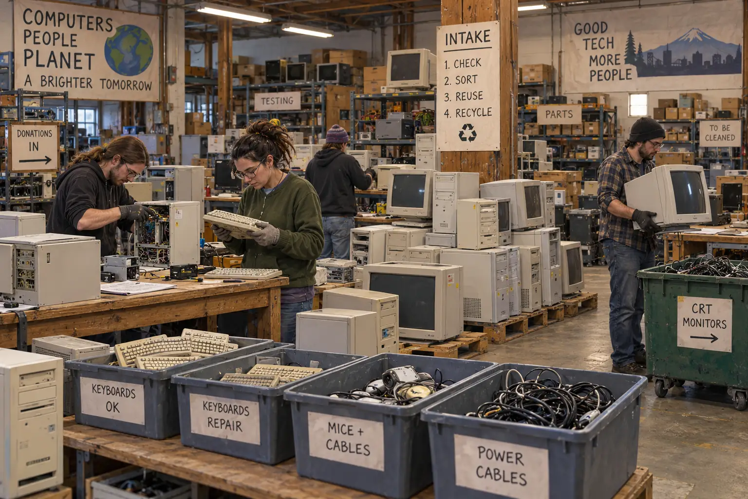 Volunteers sort donated beige computer towers and monitors at a Portland electronics reuse workshop