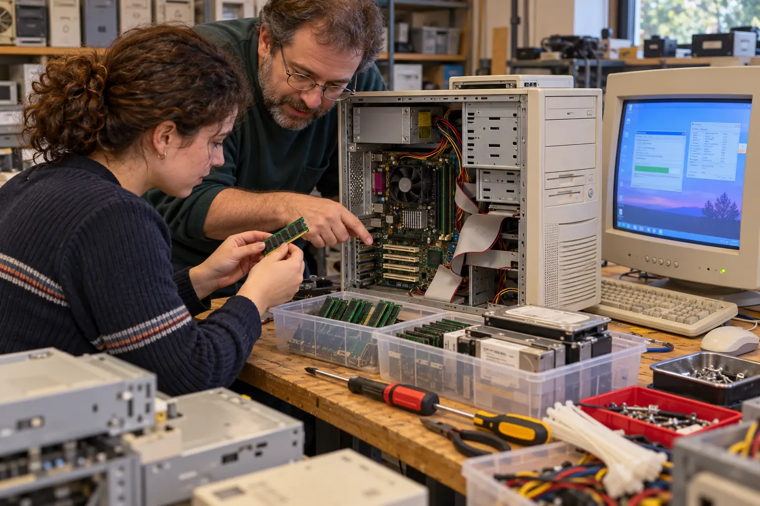 A volunteer tests an open desktop PC beside sorted memory sticks, drives and a CRT monitor
