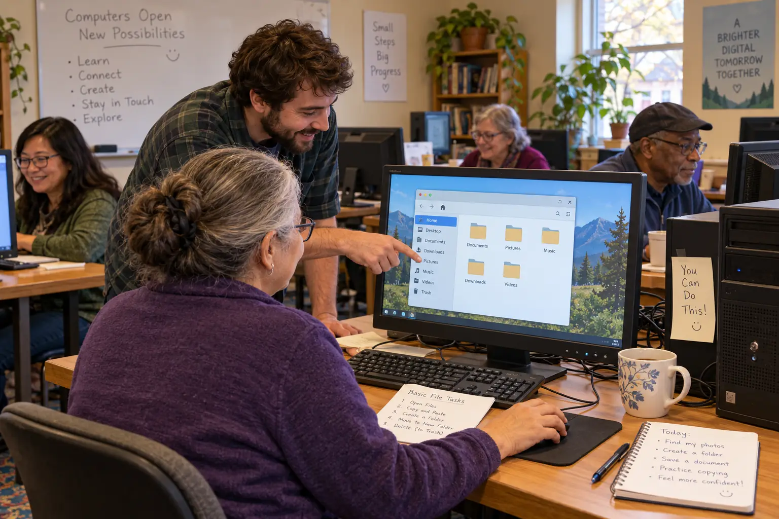 Small class of adult learners setting up reused desktop computers with fictional Linux-style screens