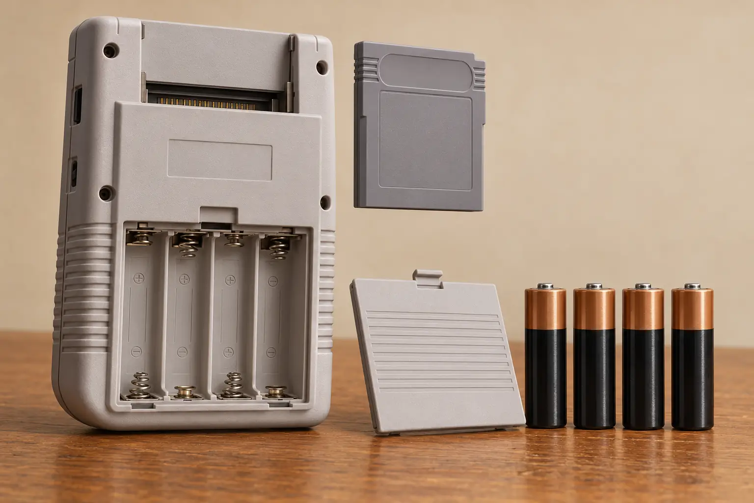 Illustrated 1989 handheld viewed from behind beside four AA batteries and a game cartridge