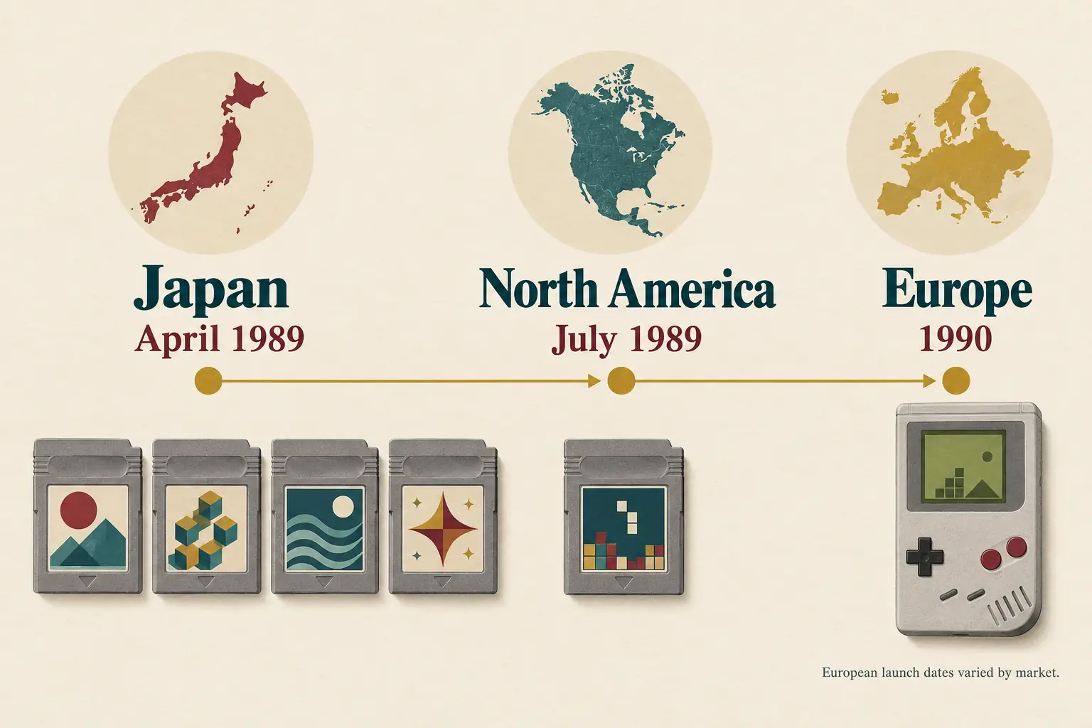 Simple illustrated timeline showing Japanese and North American 1989 launches and Europe's 1990 arrival