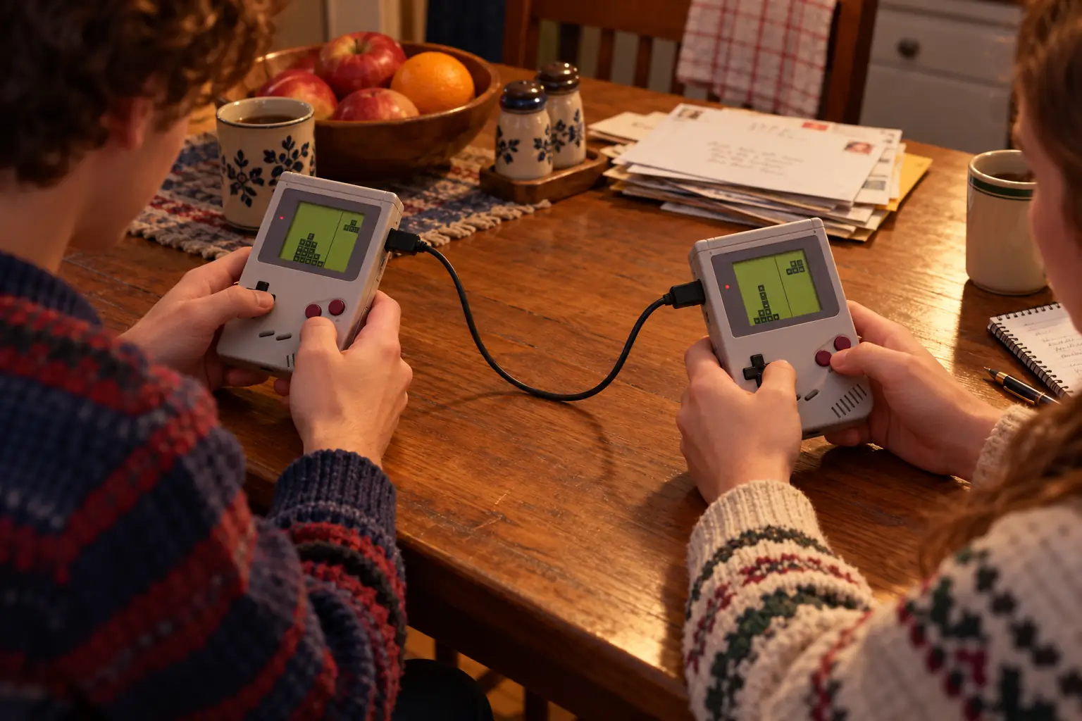 Two late-1980s players holding separate gray handhelds connected by a cable
