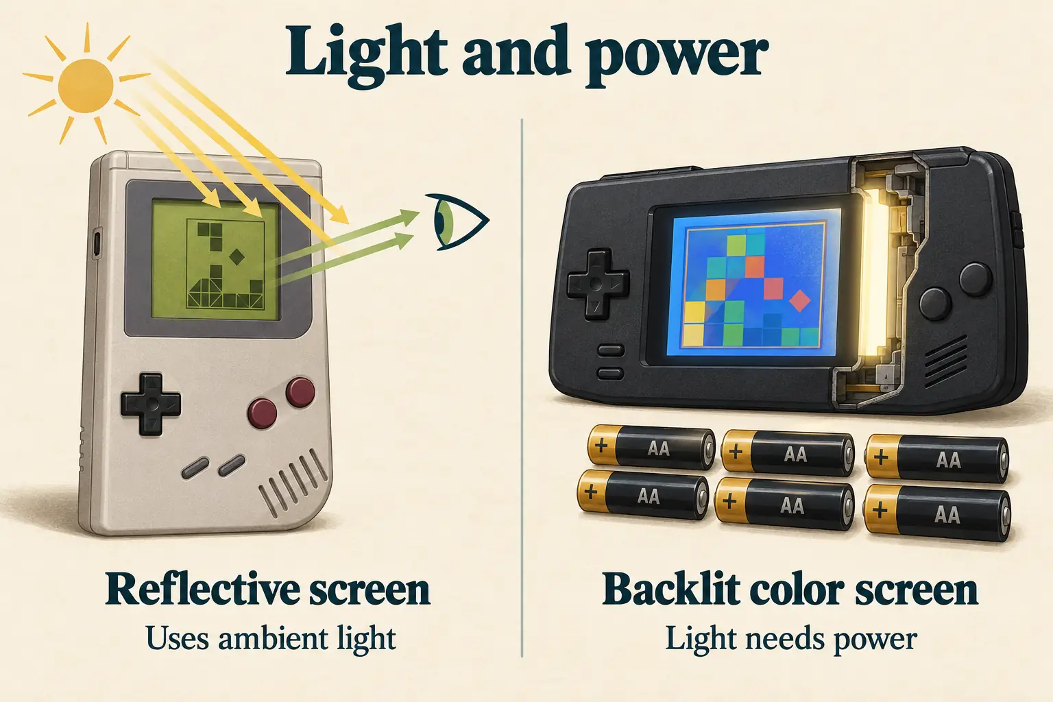 Editorial comparison of an unlit monochrome handheld in daylight and a lit color handheld with six AA batteries