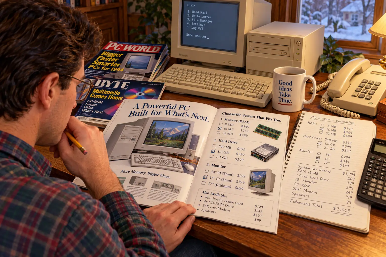 A 1990s computer buyer comparing a printed PC advertisement and notes beside a telephone
