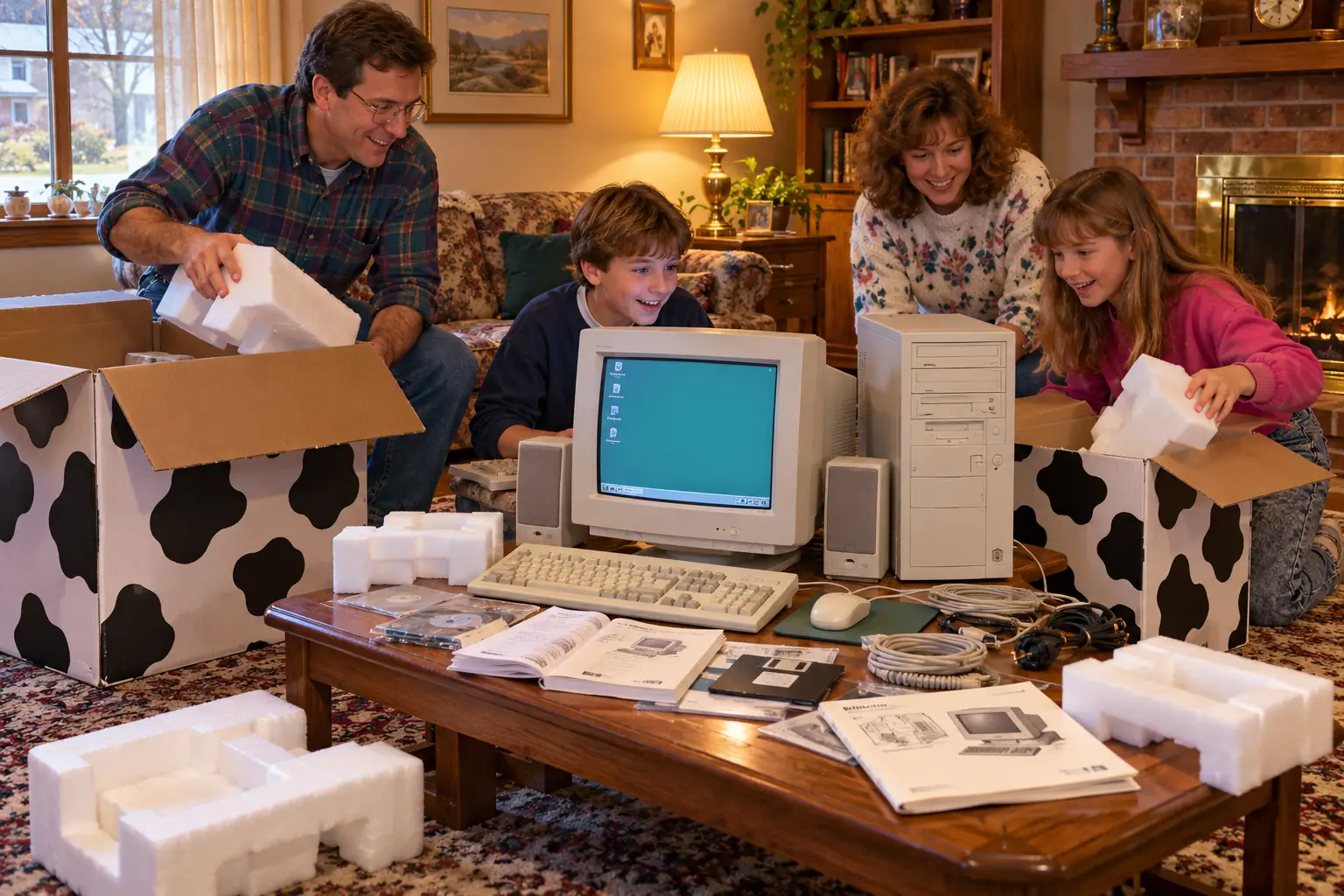 A family desktop computer, CRT monitor and cables being unpacked from cow-patterned cartons