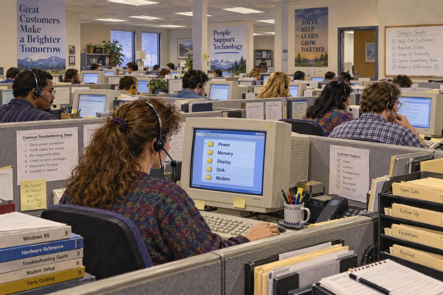 Rows of mid-1990s support workers wearing headsets in a computer call center