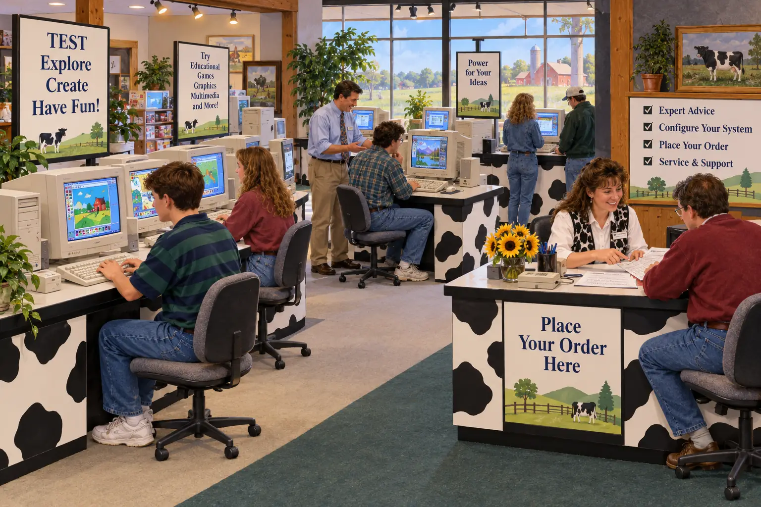 A late-1990s computer showroom with demo PCs and visitors trying software