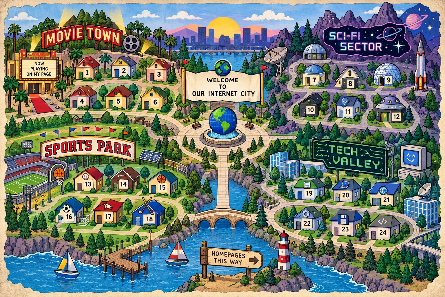 Illustrated map of fictional website lots grouped into themed 1990s online neighborhoods