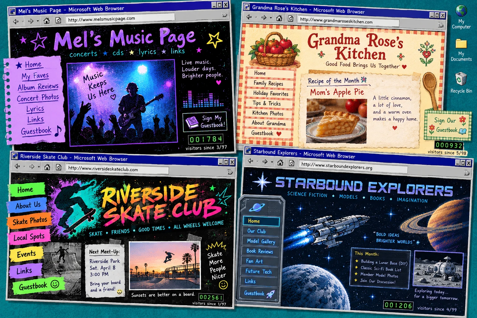 An illustrated collage of fictional 1990s hobby homepages with guestbook links and homemade graphics
