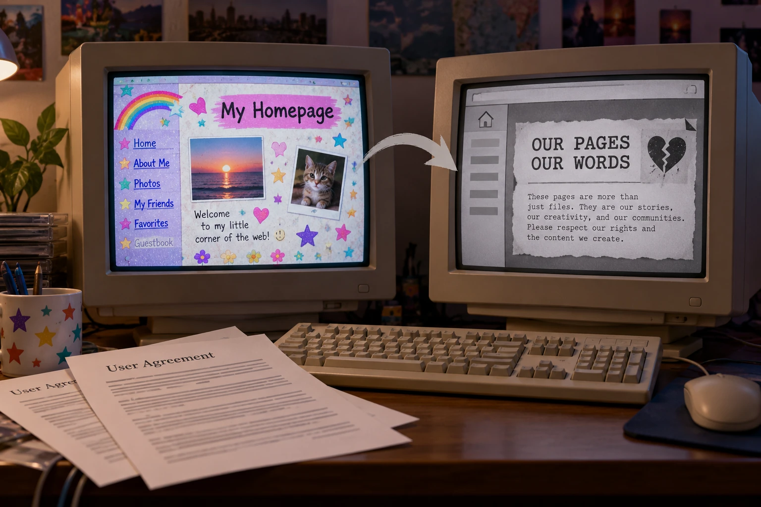 Conceptual 1999 home-computer scene with a faded fictional homepage replacing colorful decorations with a protest note