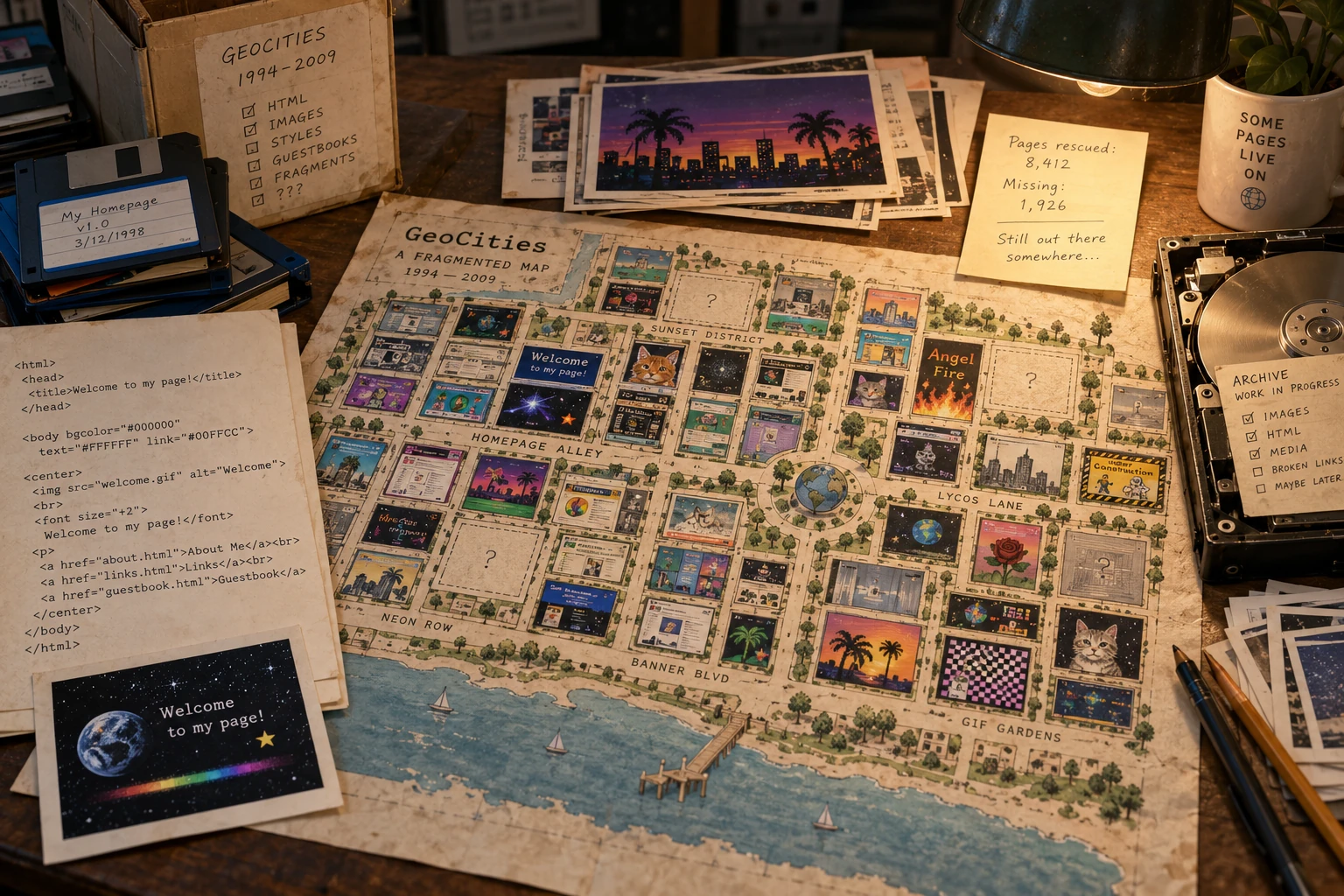 Illustrated archive table with old web-page fragments becoming a map of abandoned digital neighborhoods