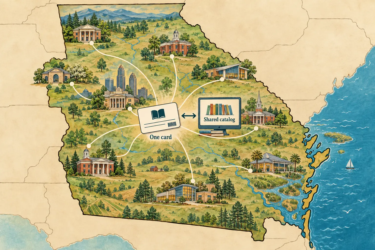 Illustrated map of Georgia with small libraries connected to one shared book catalog and library card